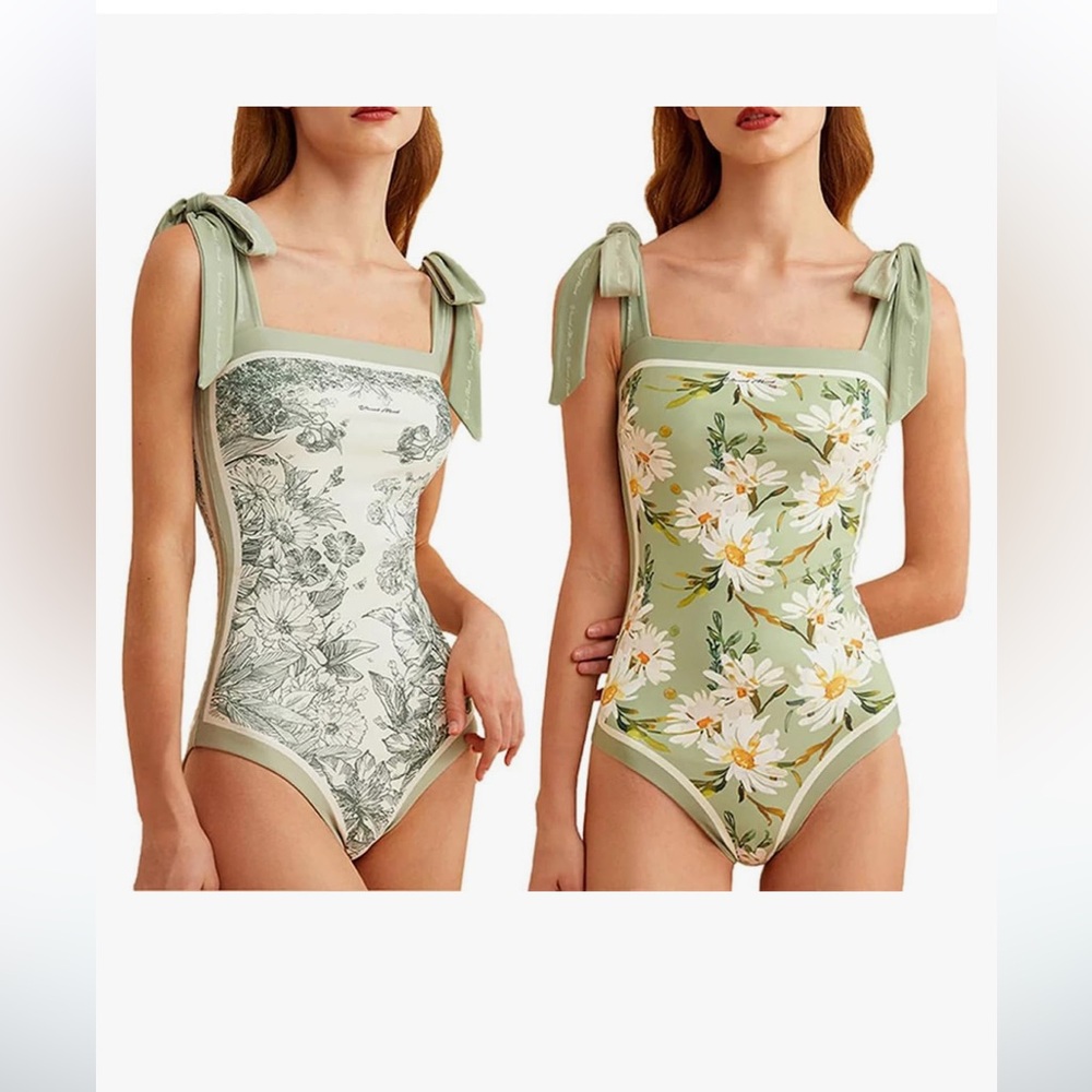 Women Floral One Piece Swimsuits, Square Neck Reversible Tie Shoulder Monokini